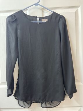 Everly Top Womens Small Black Sheer Dressy Black Blouse Long Sleeve